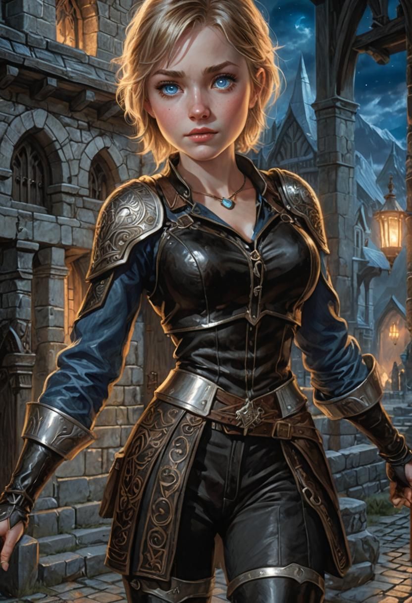 Woman Warrior at Whiterun Gate, Dark Fantasy Art