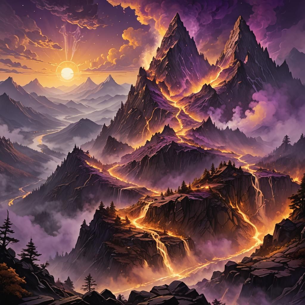 Glowing Mountain at Sunset: Dark Fantasy Concept Art