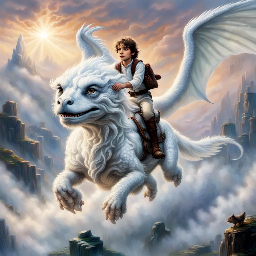 Digital photo of Sebastian from The neverending story riding falkor