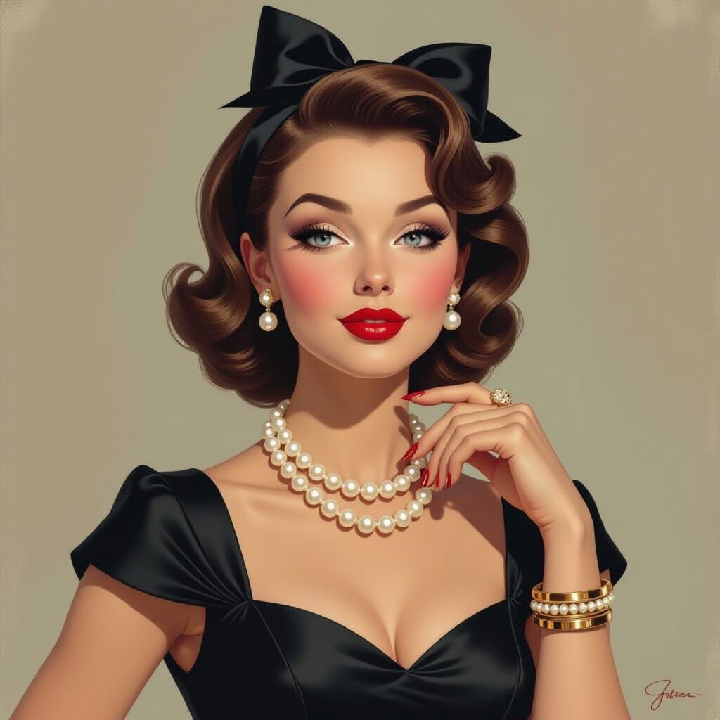 Elegant 50s Woman with Pearl Necklace in Abstract Style