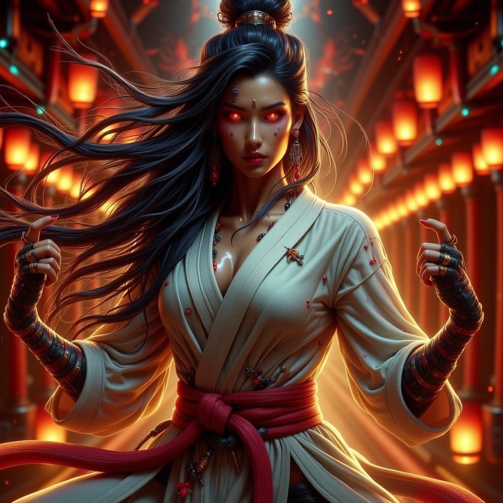 Fierce Martial Artist Mid-Strike in Dojo, Digital Art