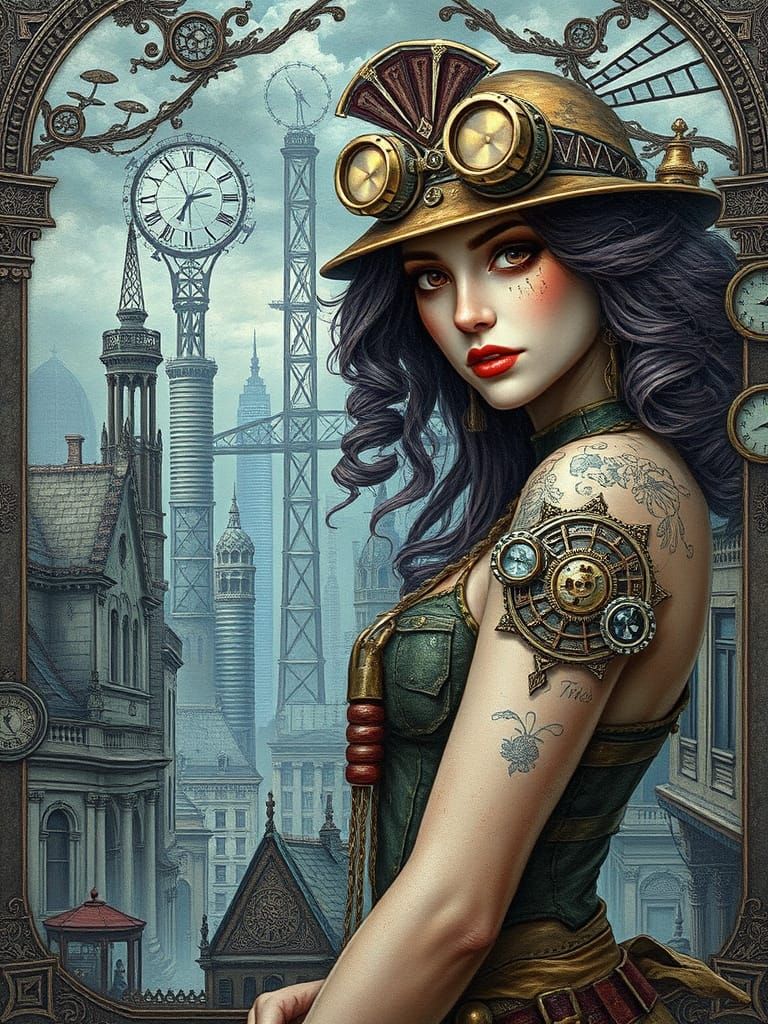 Steampunk Woman in Decaying Cityscape: Acrylic Style