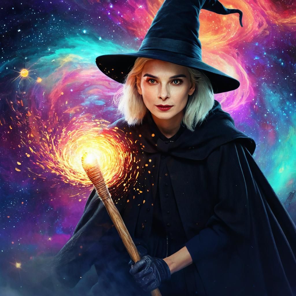 Witch Flies Through Galaxies in Dark Fantasy Art