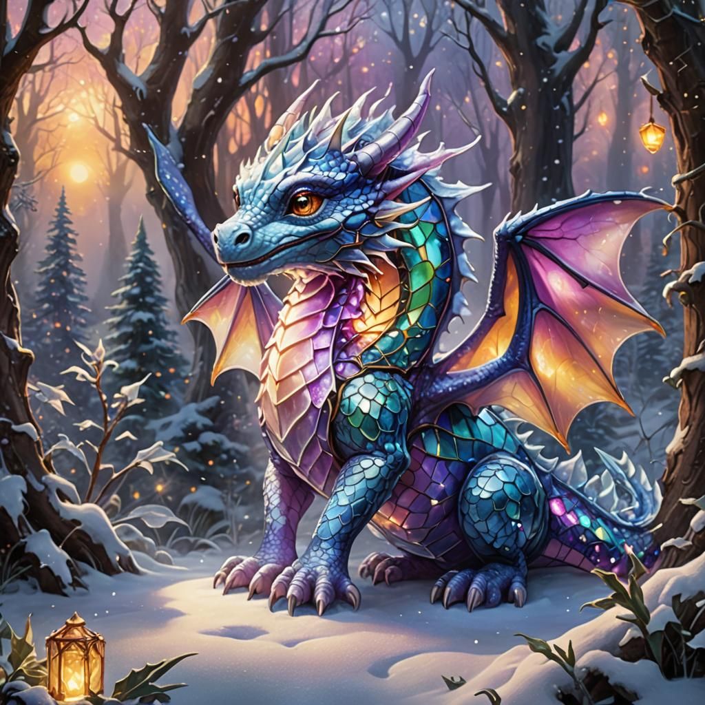 Stained Glass Dragon in Winter Wonderland