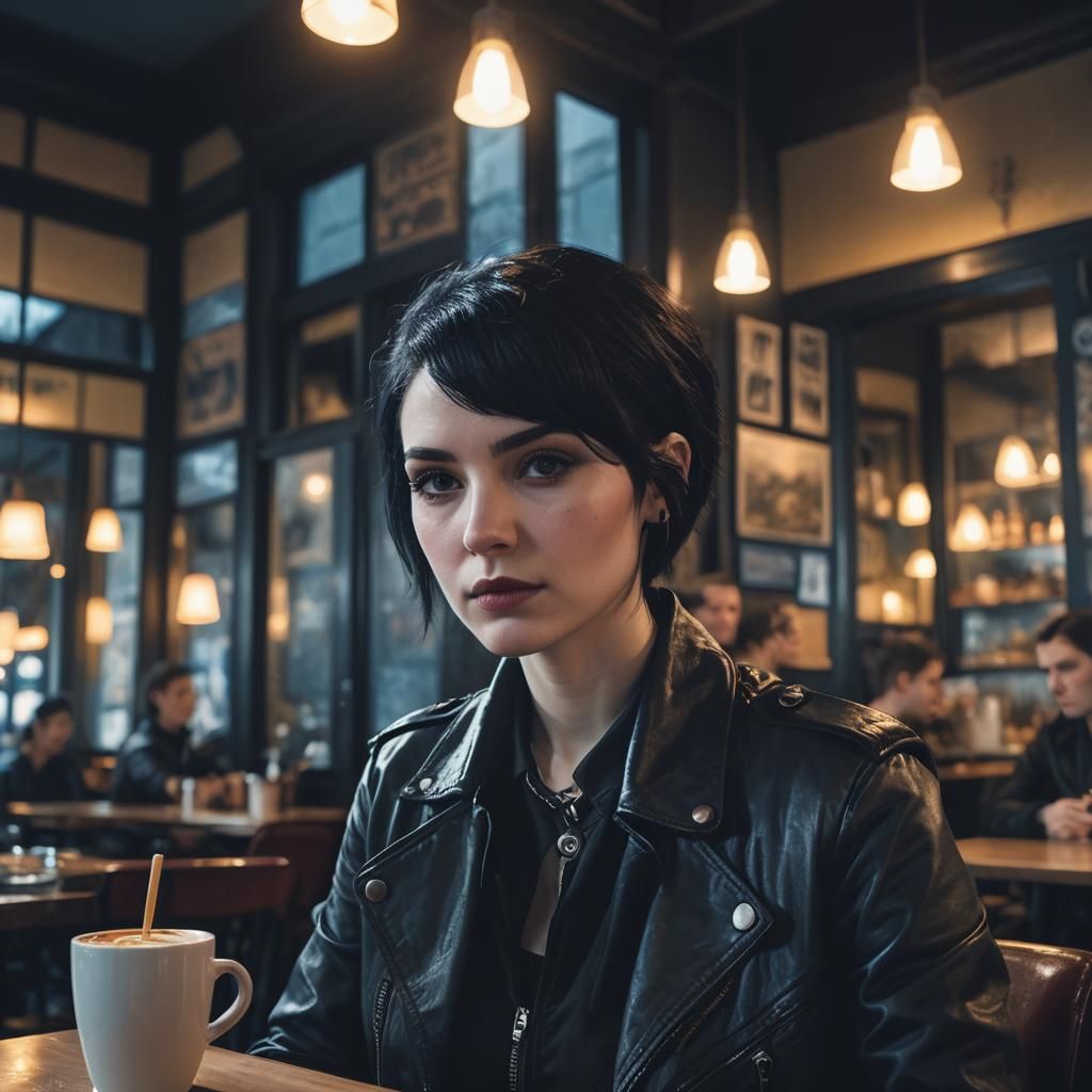 Gothic Woman in Cafe, Cinematic Film Still