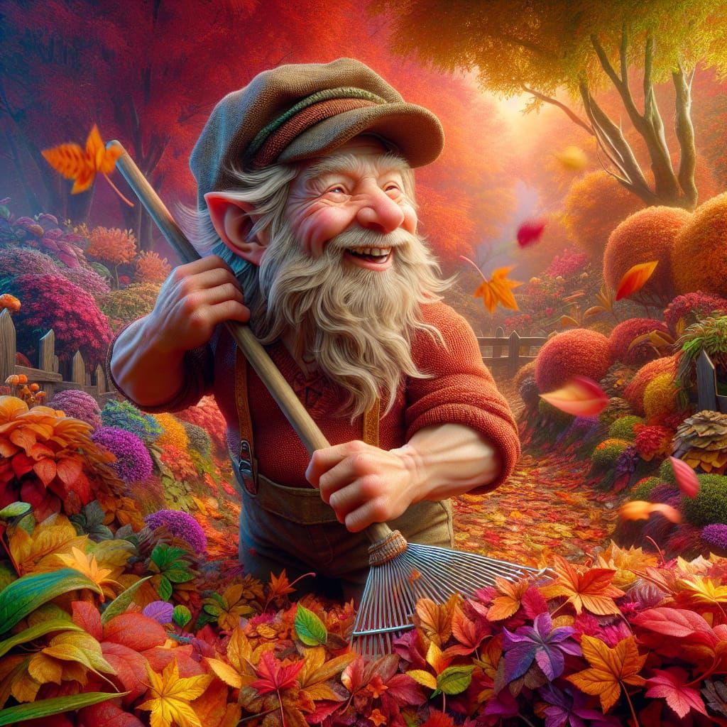 Joyful 3D Dwarf Tending Autumn Garden in Hyperrealistic Styl...