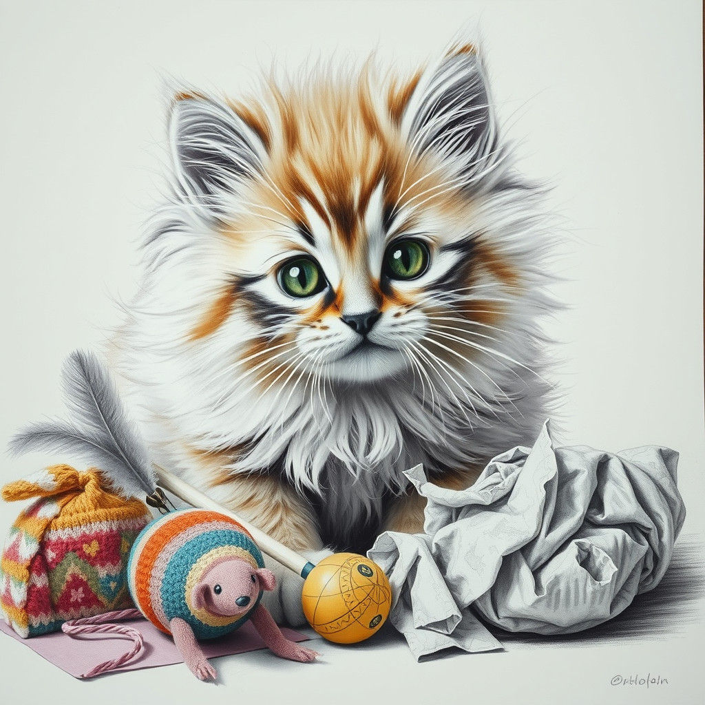 Hyperdetailed Charcoal Kitten with Toys