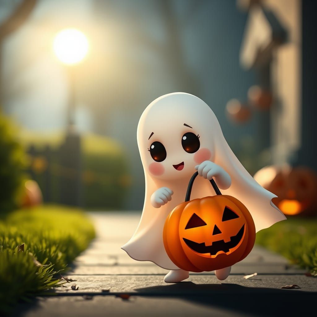 Adorable Baby Ghost Trick-or-Treating with Jack-o-Lantern