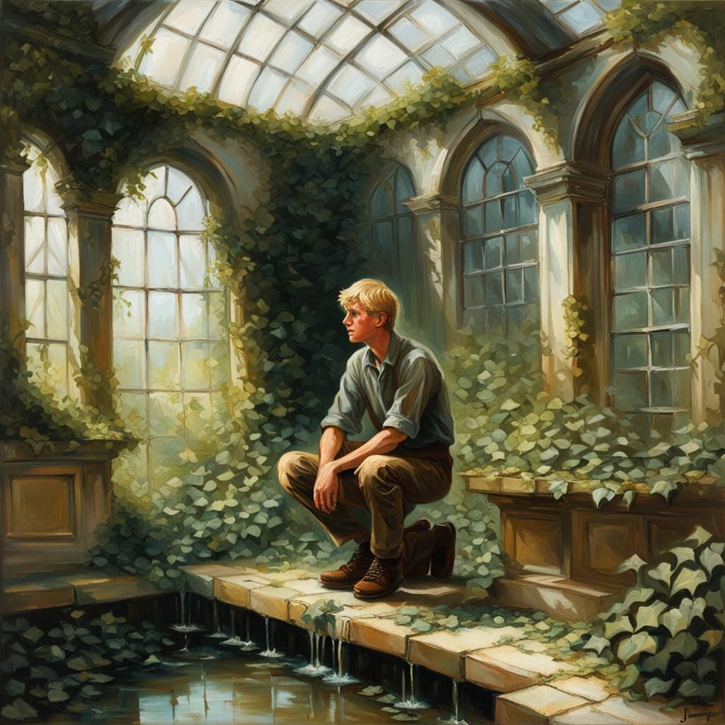Boy and Magic Fountain, Oil Painting