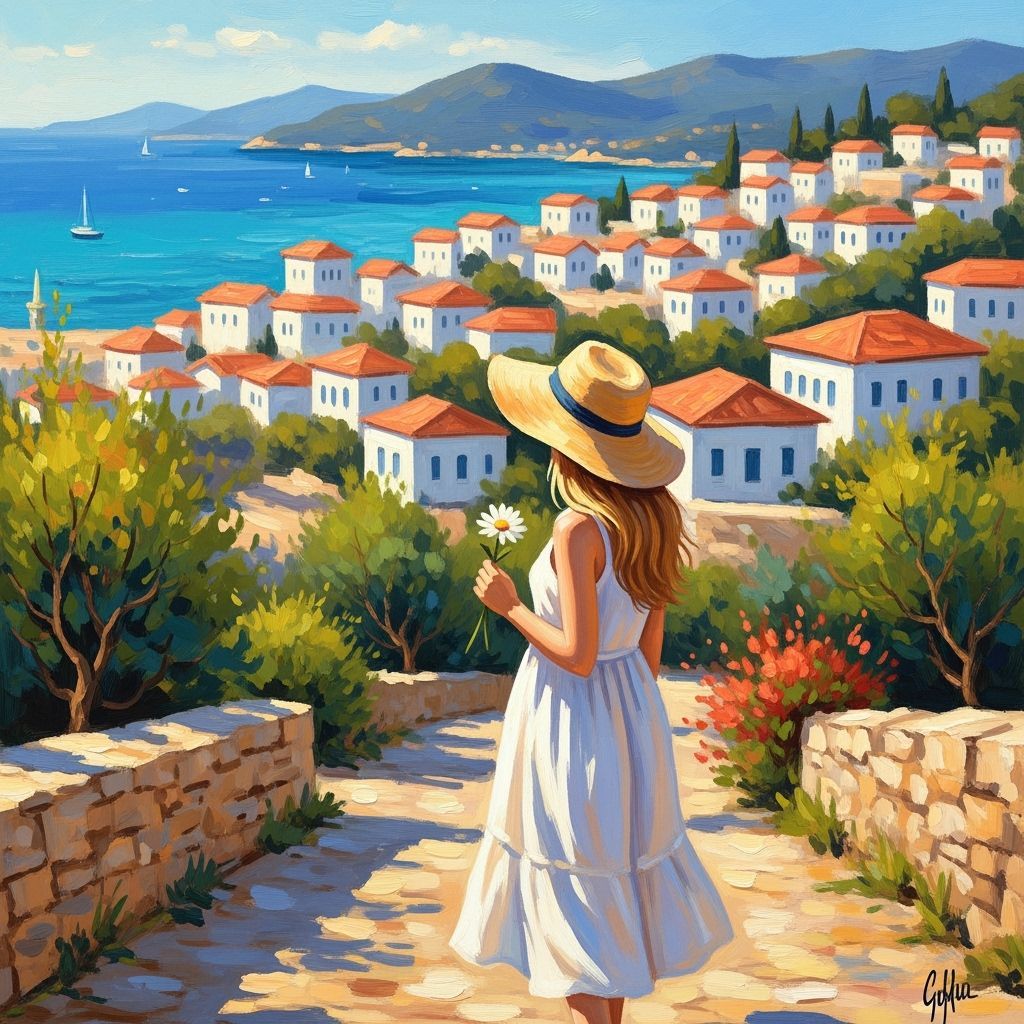 Girl Strolling in Sunny Alacati, Impressionist Style