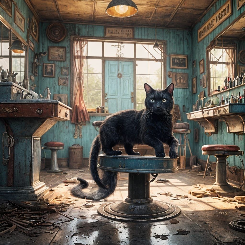 Black Cat in Abandoned 1950s Barber Shop