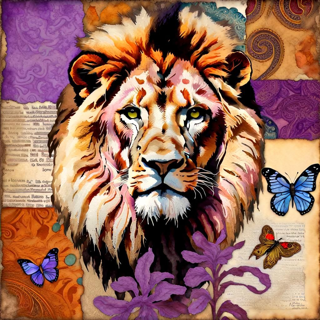Majestic Lion Collage with Butterfly in Folk Art Style