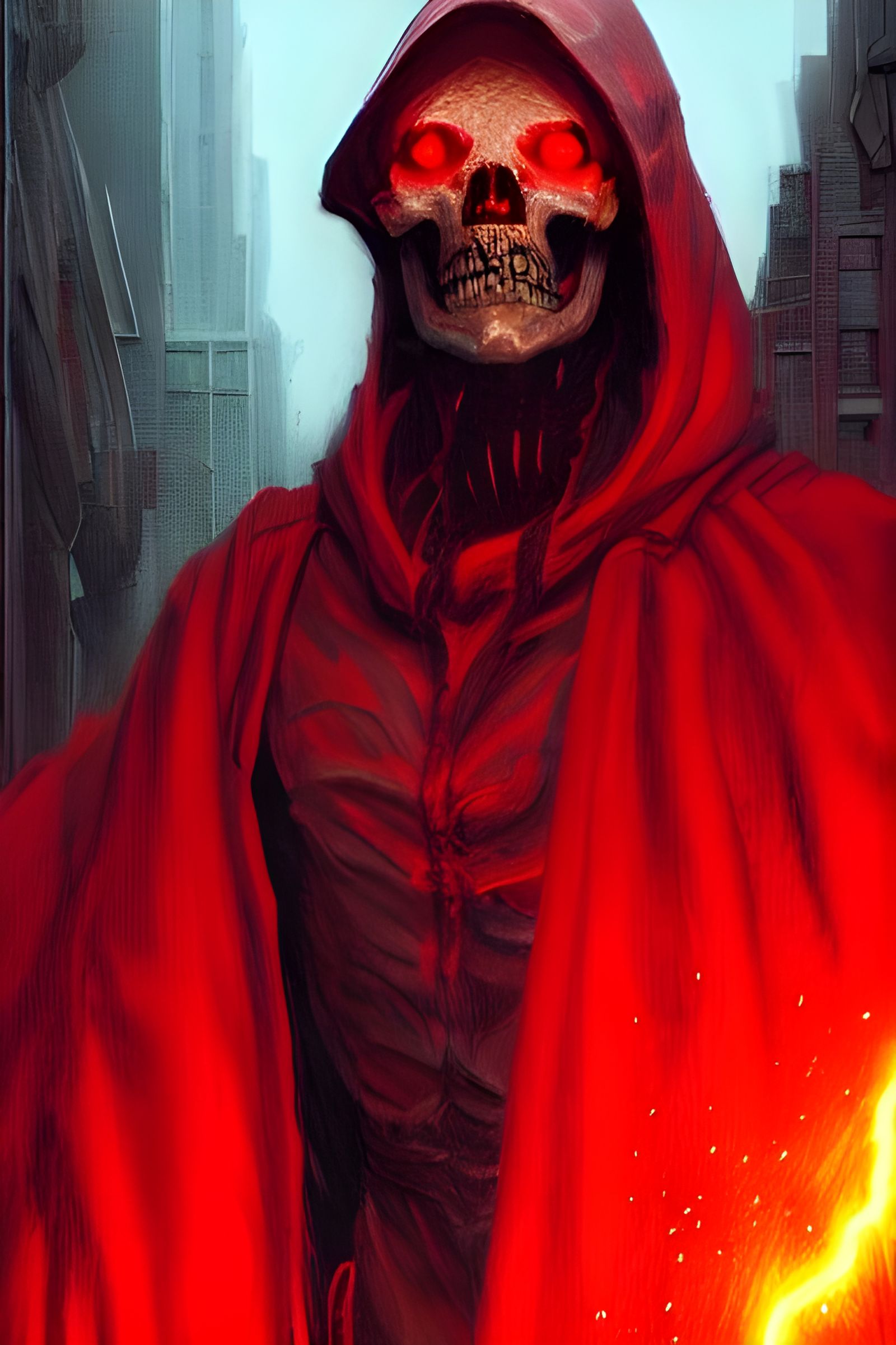 Skull Figure in Red Cloak, Retrowave Poster Art
