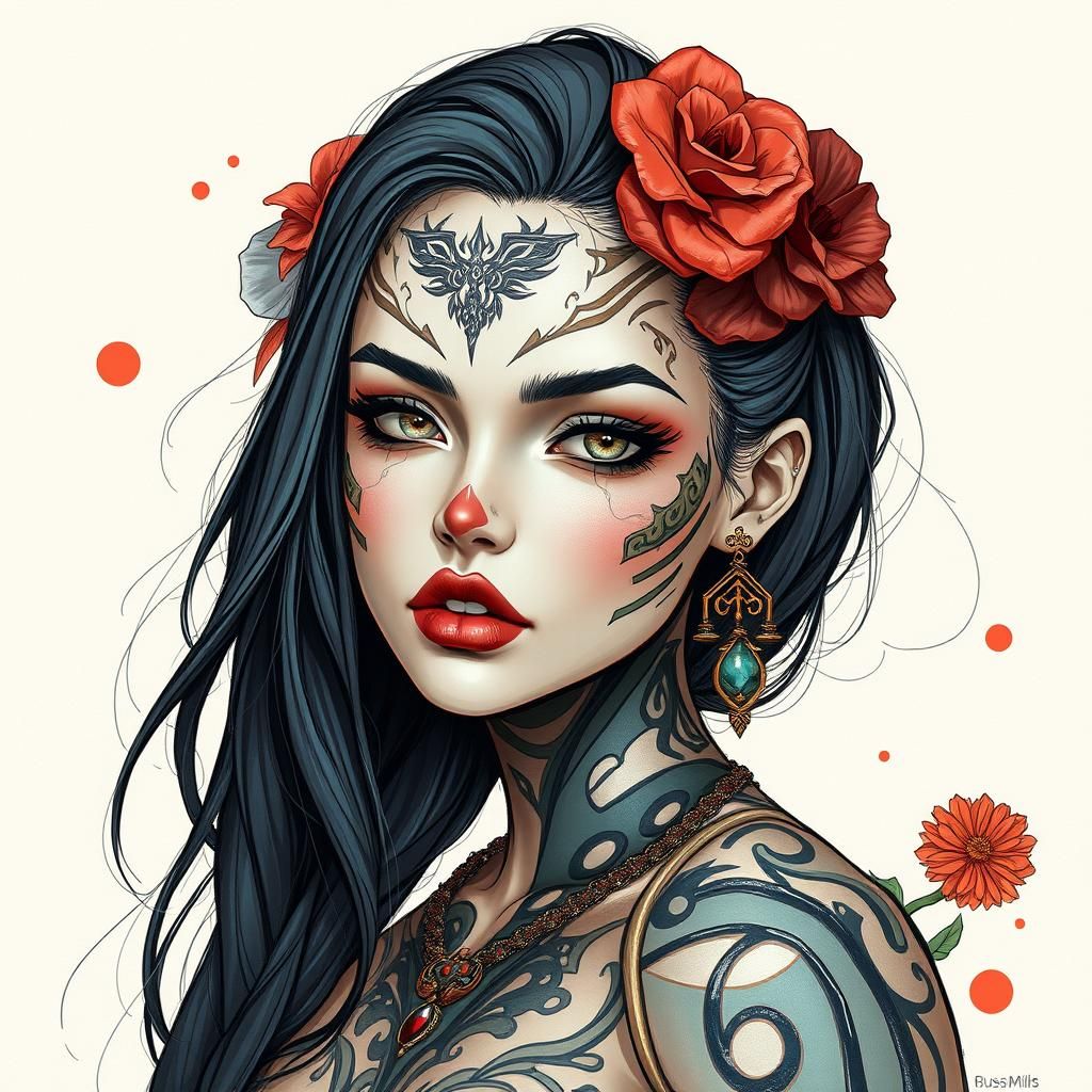 Woman in Body Paint: Detailed Digital Illustration