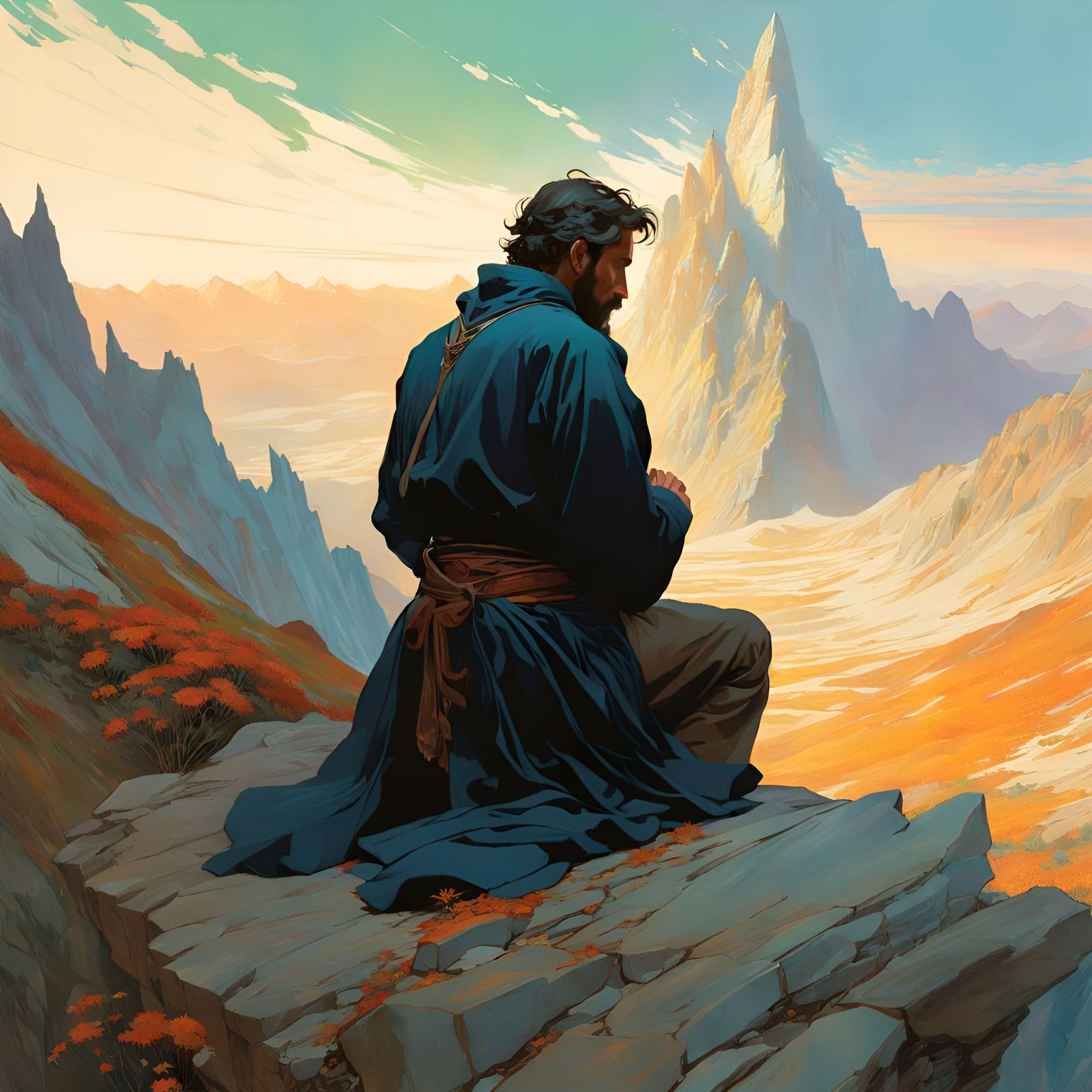 Penitent Man Seeks Forgiveness in Art Nouveau Style