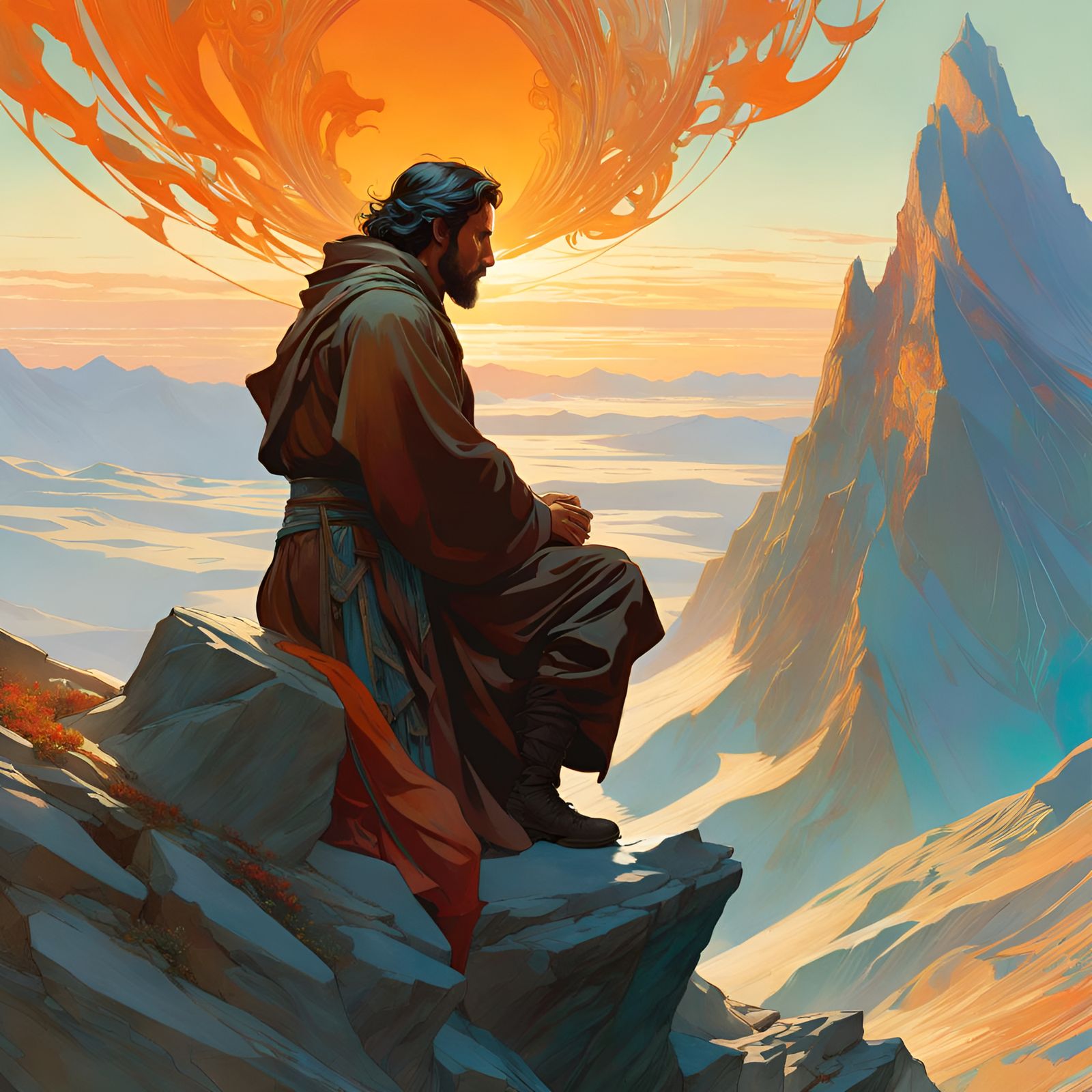 Man Kneeling in Prayer: Hyperrealistic Art Nouveau Style