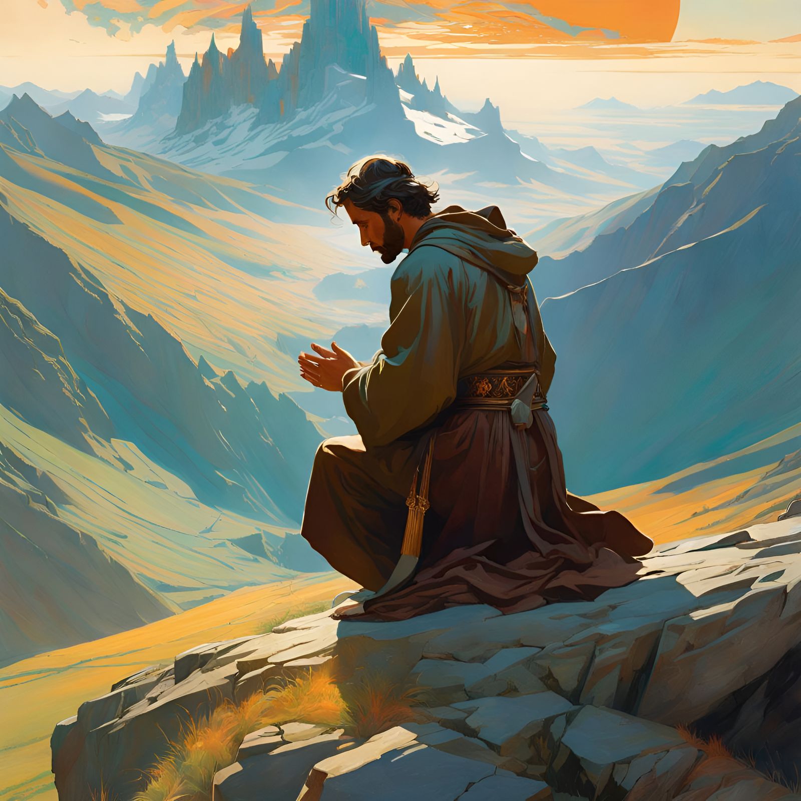 Man Praying on Mountain in Art Nouveau Style
