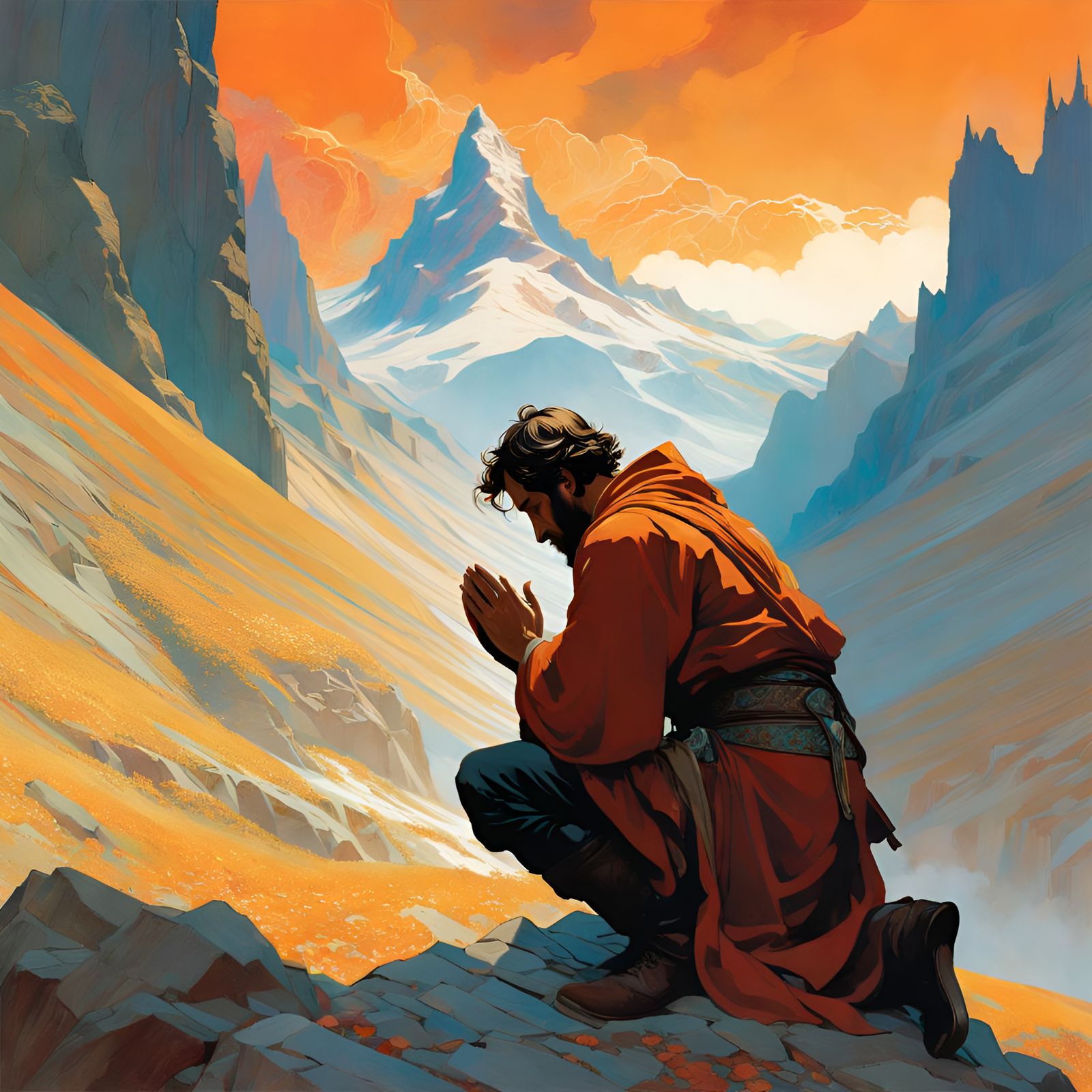 Man's Mountain Prayer in Art Nouveau Style