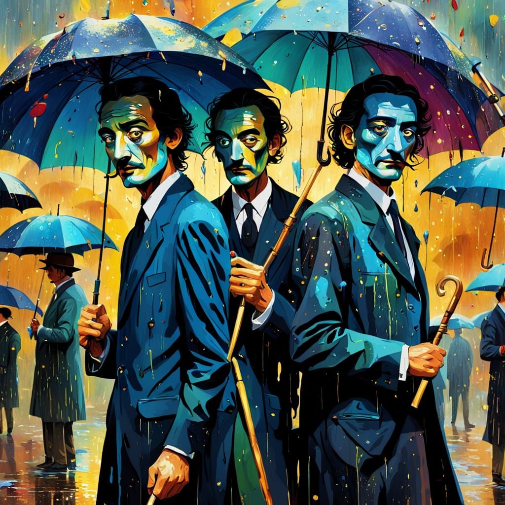 Surreal People with Umbrellas in Salvador Dali Style