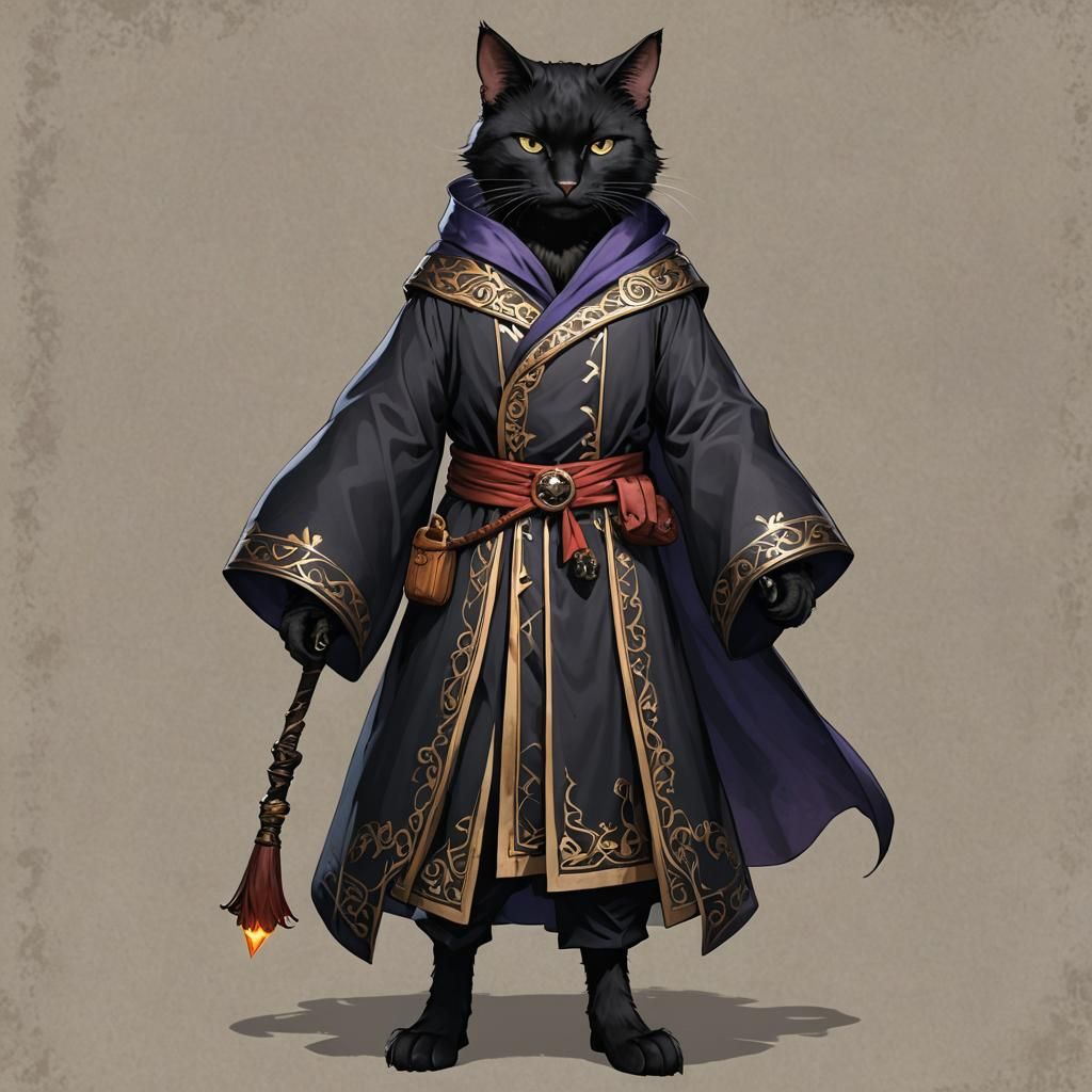 Anthropomorphic Black Cat Mage in Robes