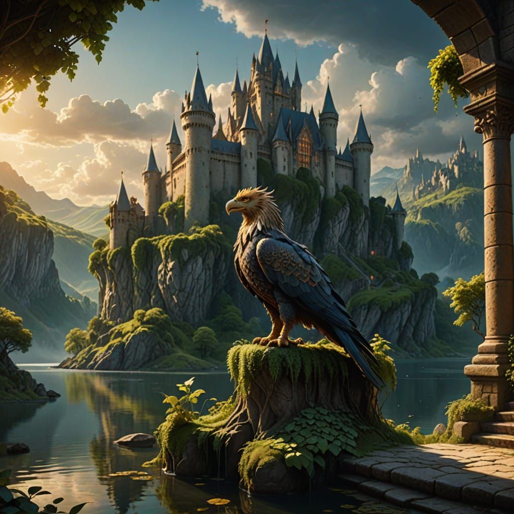 Griffin Perched on Castle: Fantasy Concept Art