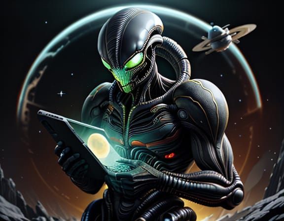 Alien Reads Tablet Amidst Cosmic Gas Planet