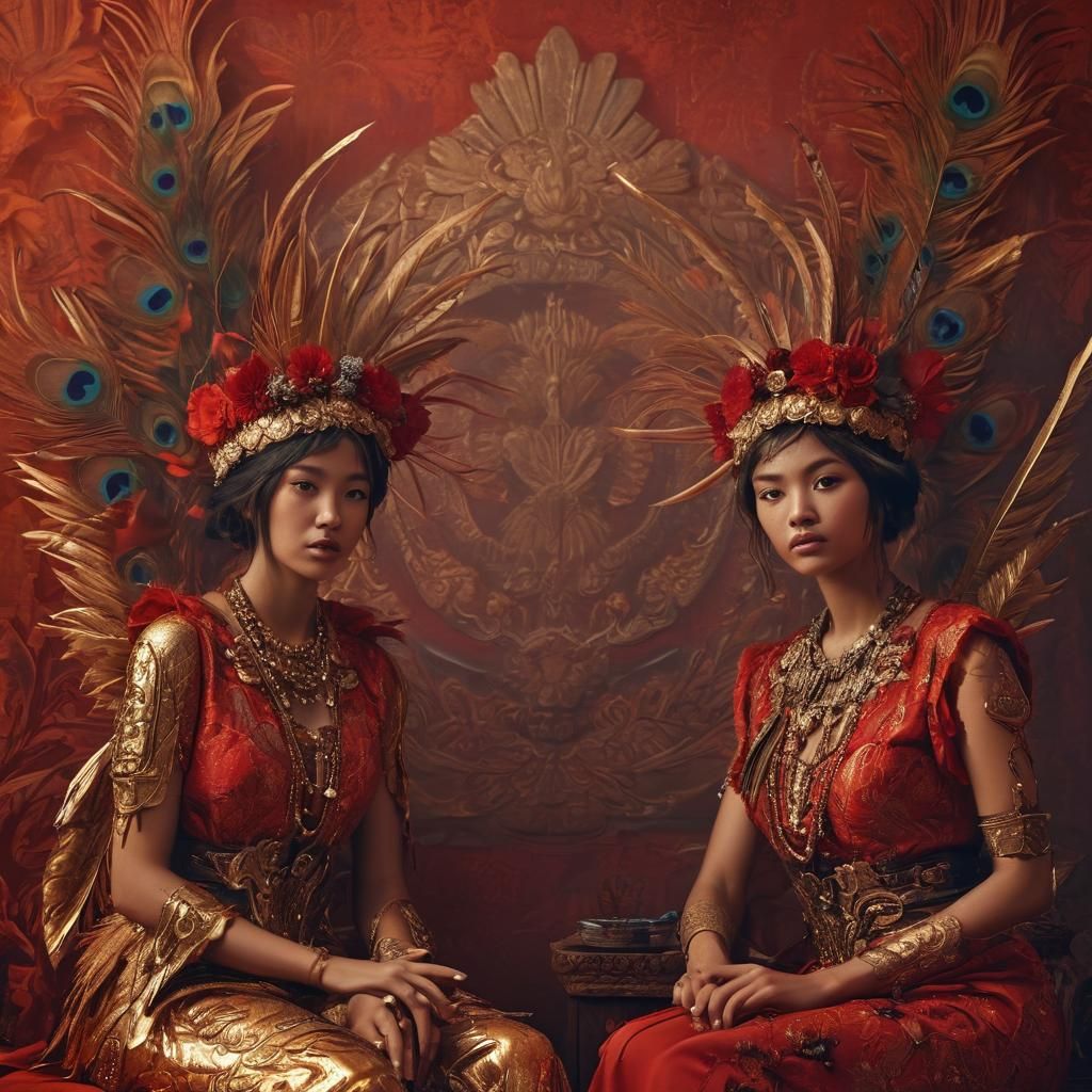 Fantasy Women with Metallic Skin and Peacock Feathers
