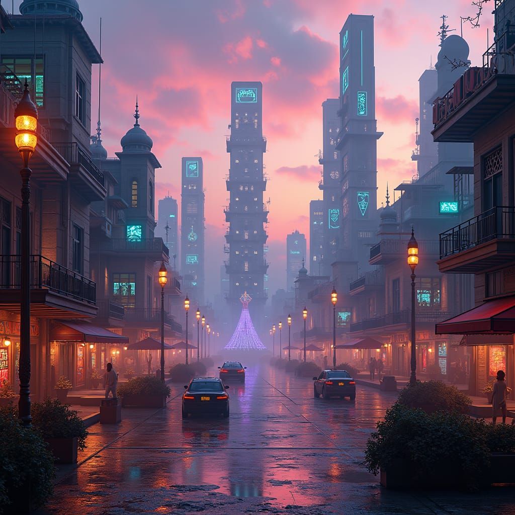 Neon-Drenched African Metropolis in Cyberpunk Style