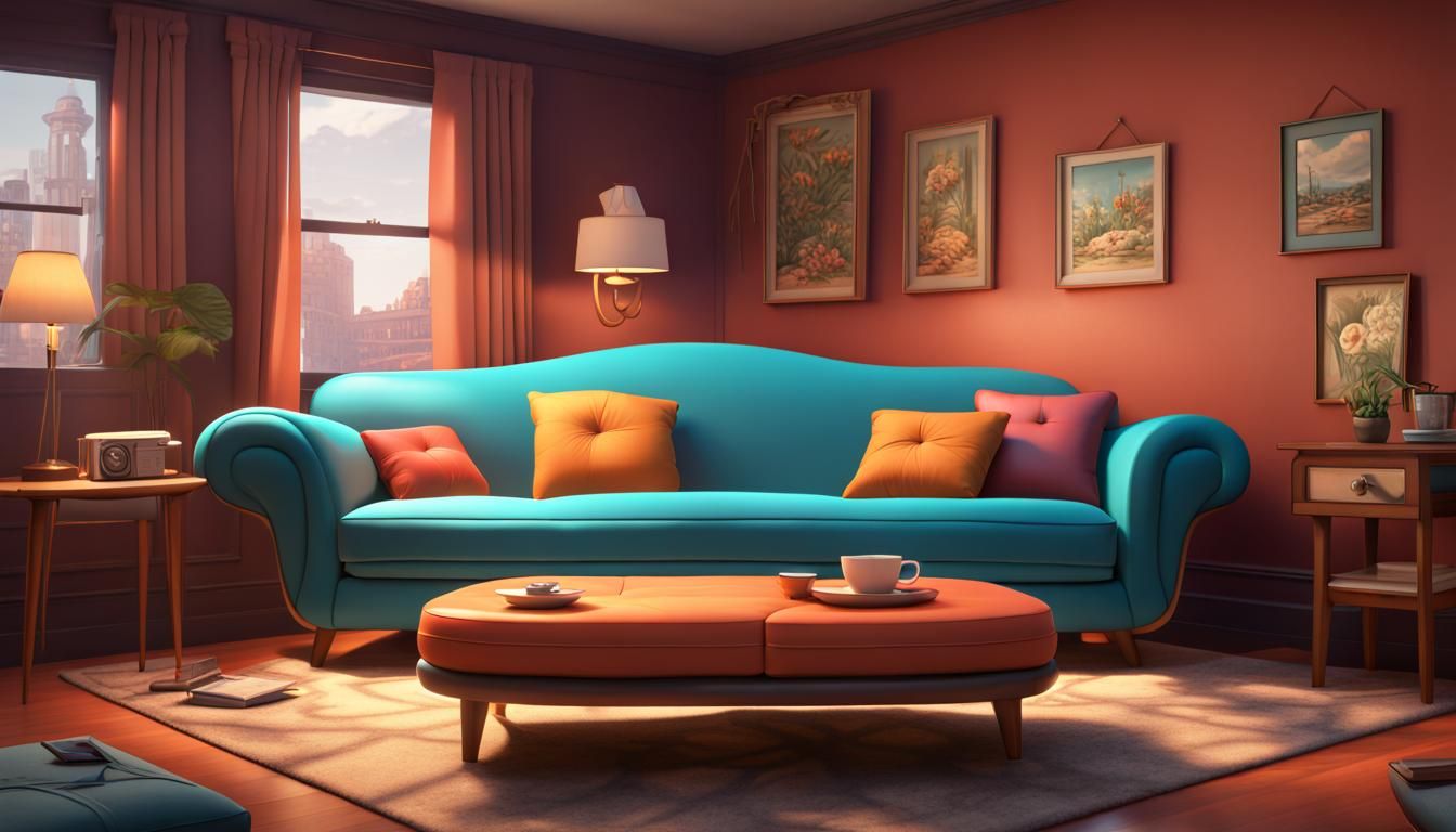 Giant 1950s Cartoon Couch, Detailed Digital Art