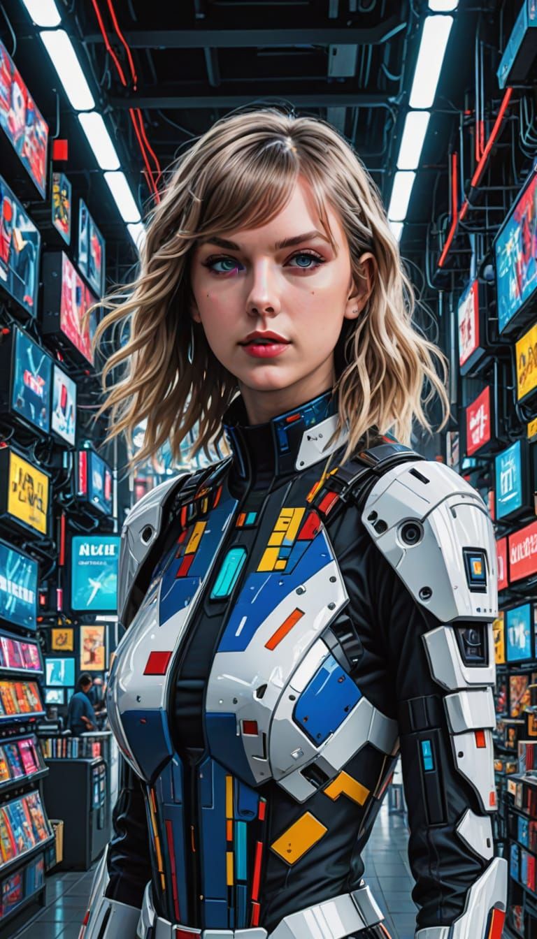 Cyberpunk Goddess in Vibrant Xylograph Style