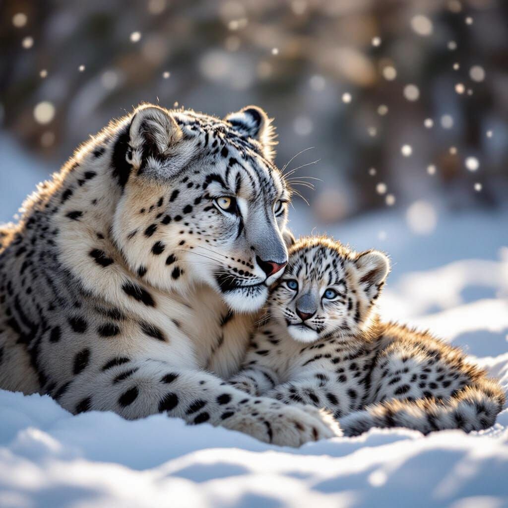 Mother and Baby Snow Leopard in Snowy Meadow