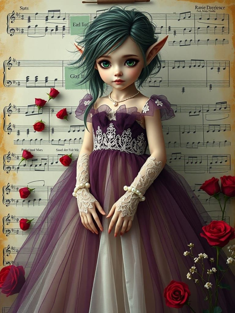 little elf with a sheet music backdrop
