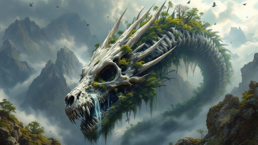 Surreal Landscape Blooms Inside a Majestic Dragon Skeleton i...