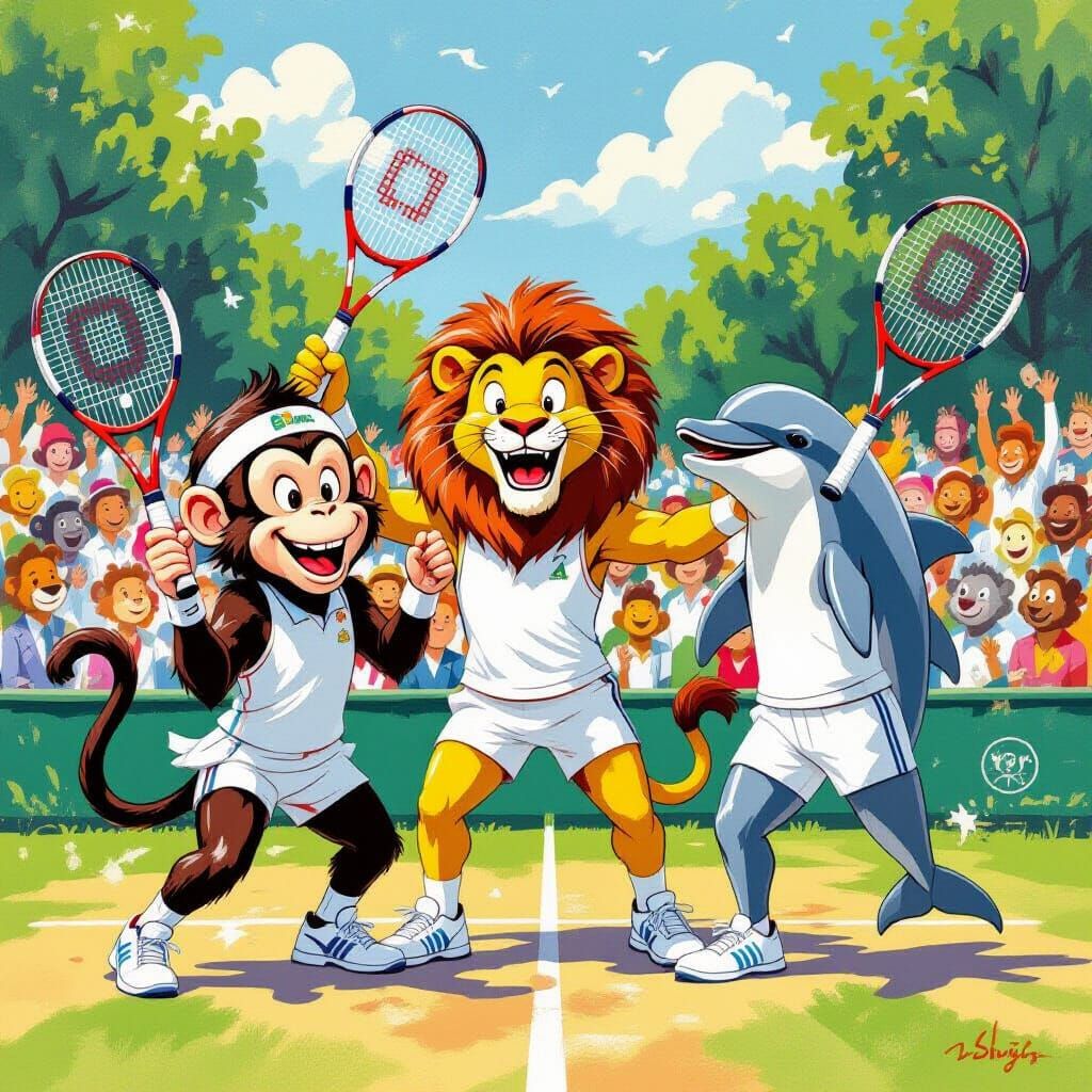 Wimbledon Animal Tennis in Cartoon Gouache Style