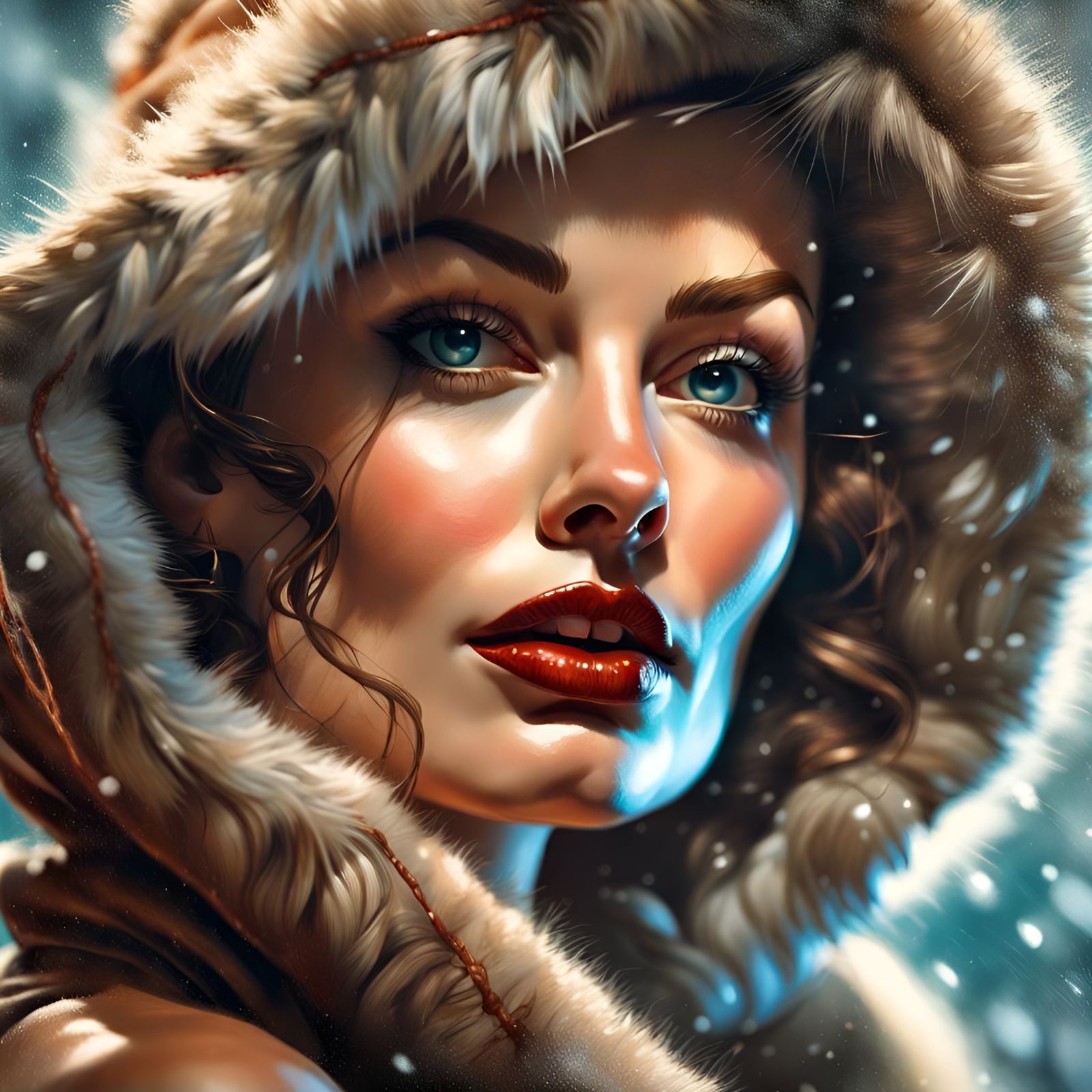 Glamorous Woman in Mink and Bikini, Digital Illustration
