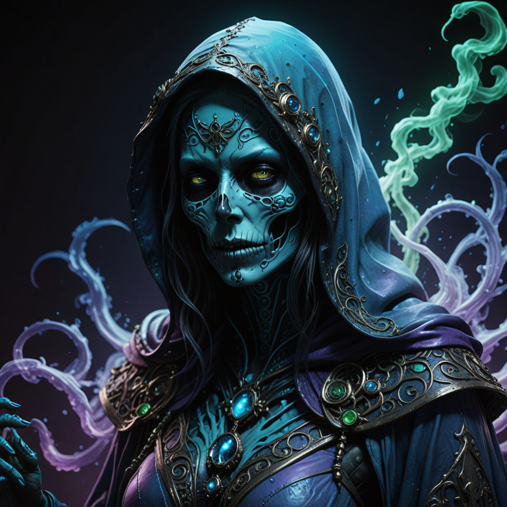 Glowing Female Grim-Reaper in Ethereal Blue Vortex