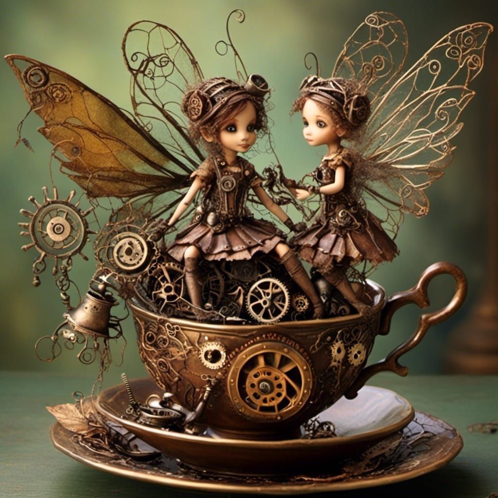 <lora:steam dreams 2:1.0>   steampunk fairy, tea cup pixies,...