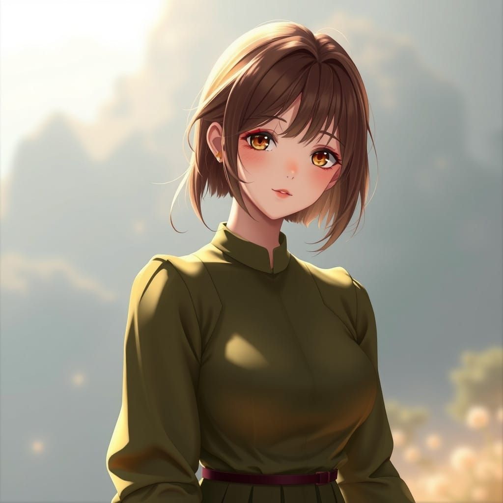 Elegant Woman in Olive Green Dress with Long Sleeves and Haz...