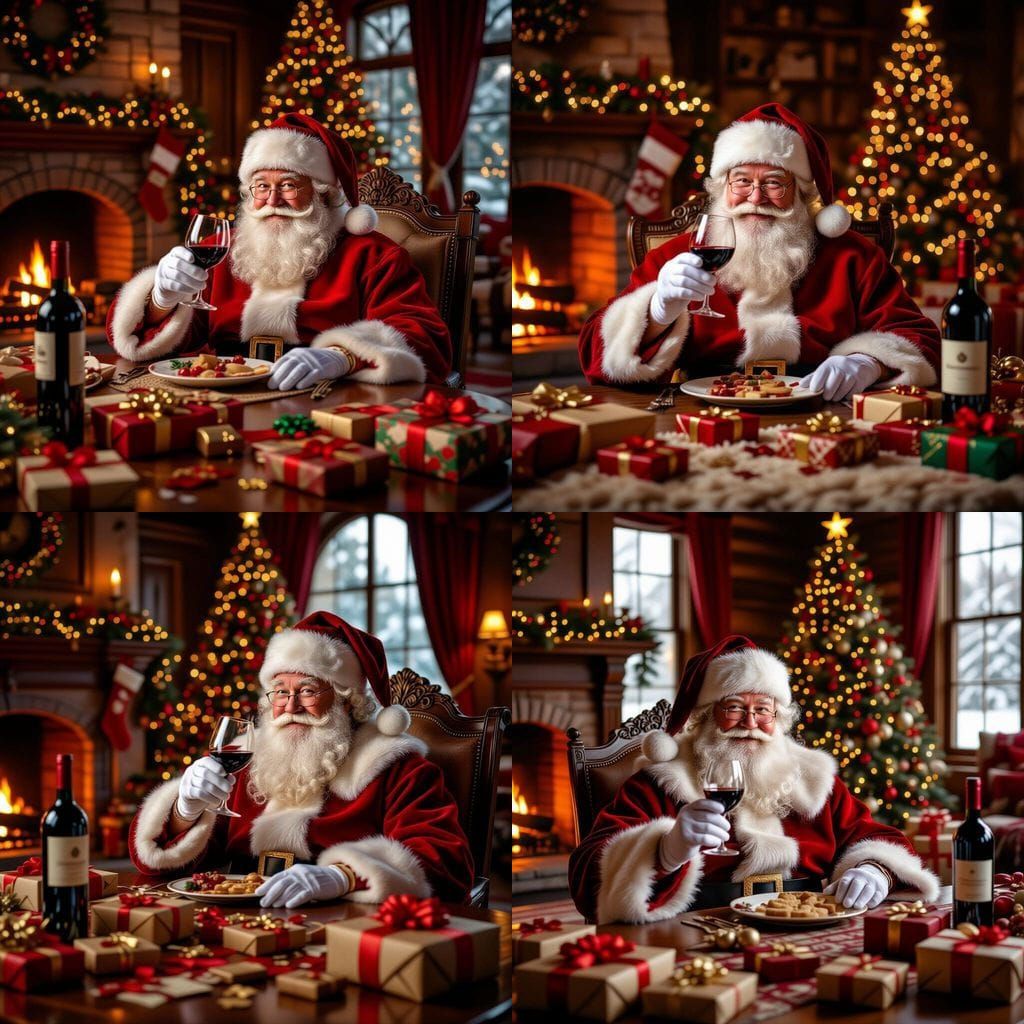 Santa Claus Enjoys Red Wine in Cozy Christmas Living Room