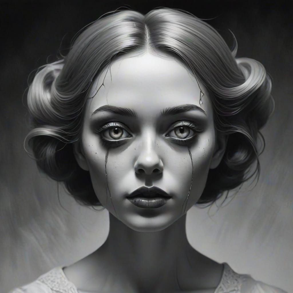 Spooky Grayscale Surreal Portrait in Gouache Style