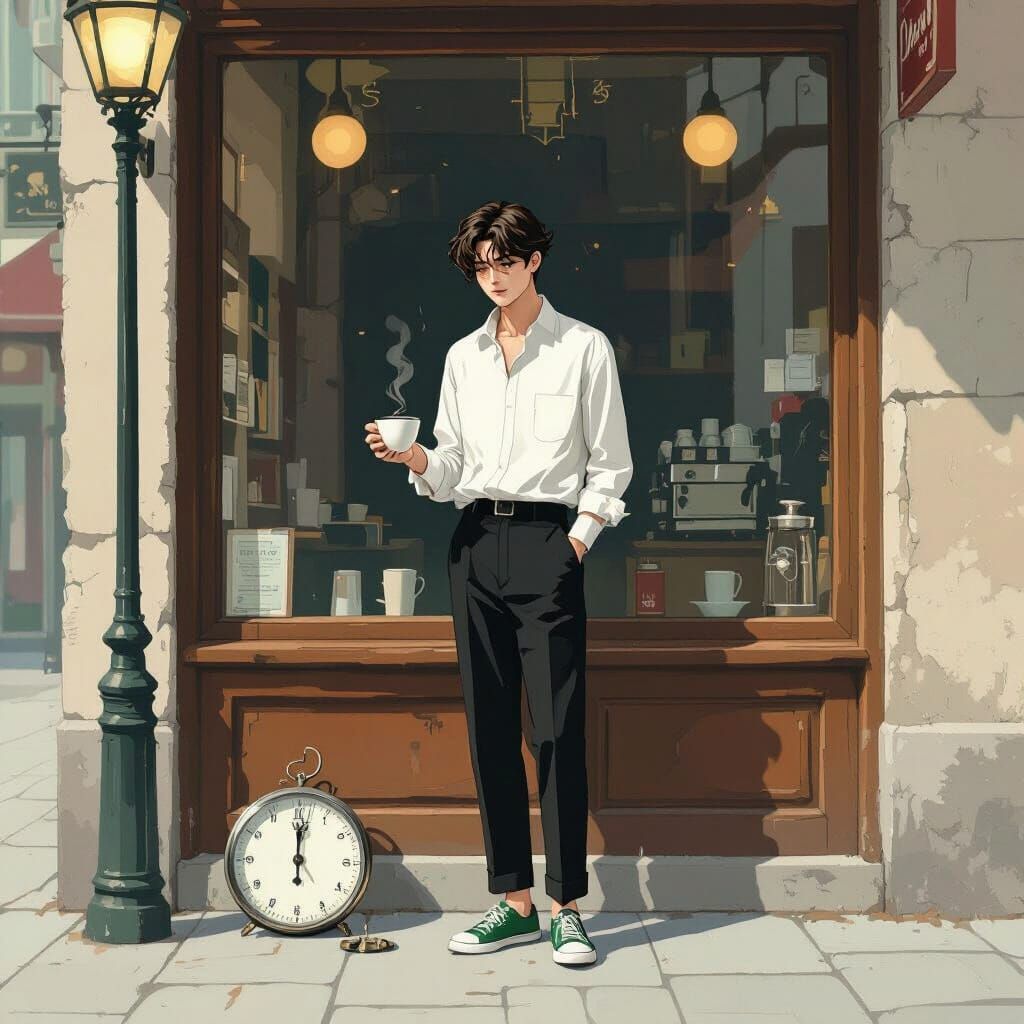 Teen Boy at Coffee Bar in Dreamy Illustration Style