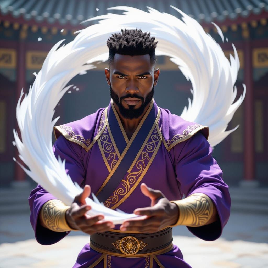 Athletic Black Man Conjuring Wind in Airbender Outfit