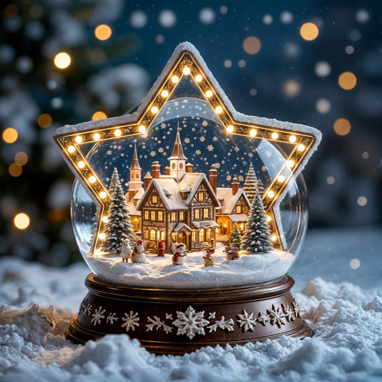 Moravian Star Snow Globe with Mice Village