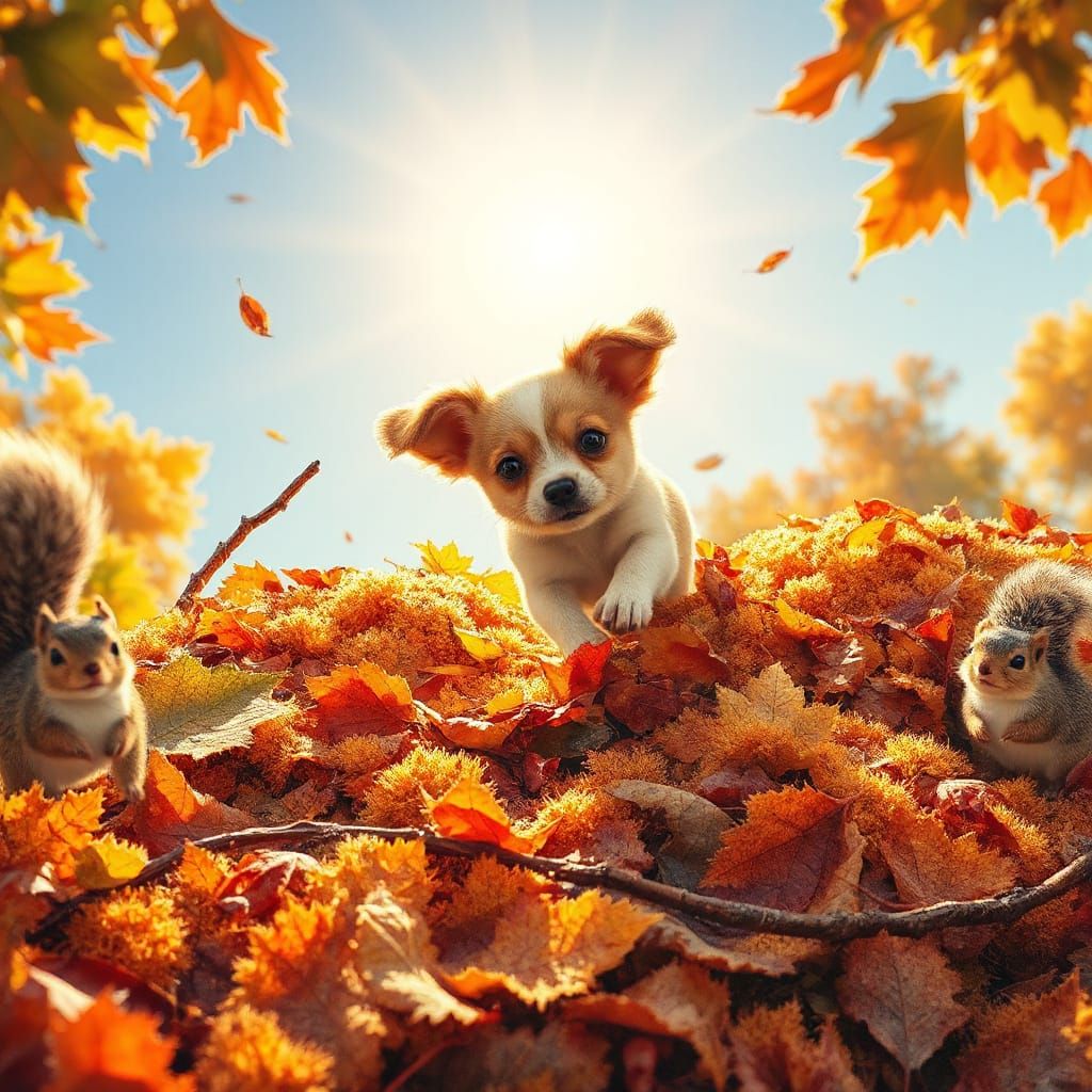 Lively Autumn Scene With Puppy Amidst Colorful Leaves