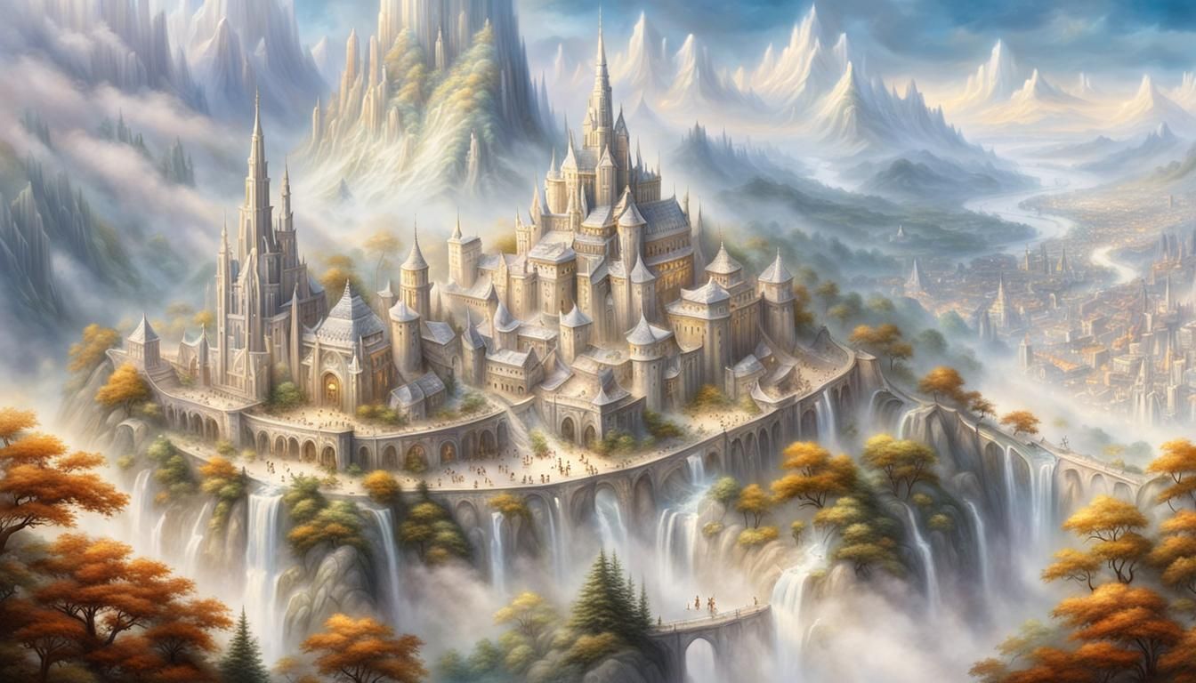 Fantasy City Around Divine Tree in Ethereal Mist