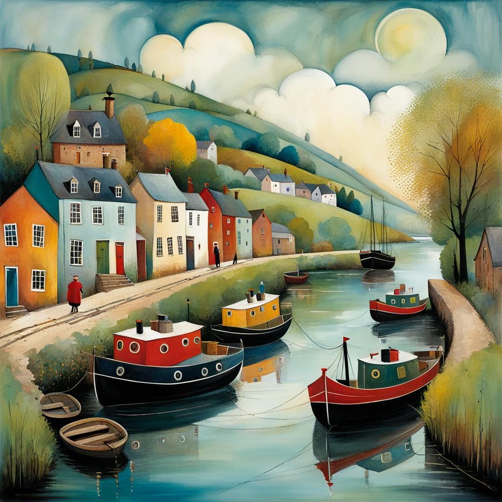 Whimsical Ships and Boats Illustration in Magical Landscape