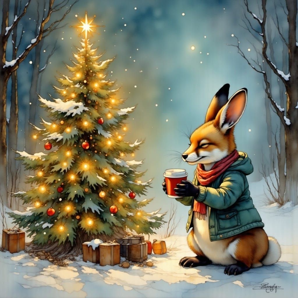 Fox and Bunny Christmas Coffee, Painterly Style