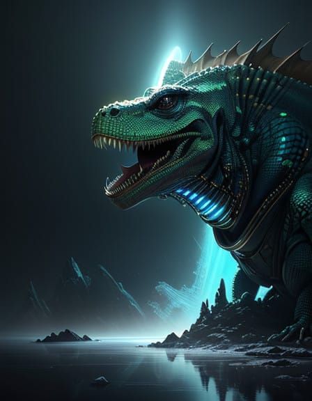 Regal Lizard Queen Devours Alien Insect in Futuristic Throne...