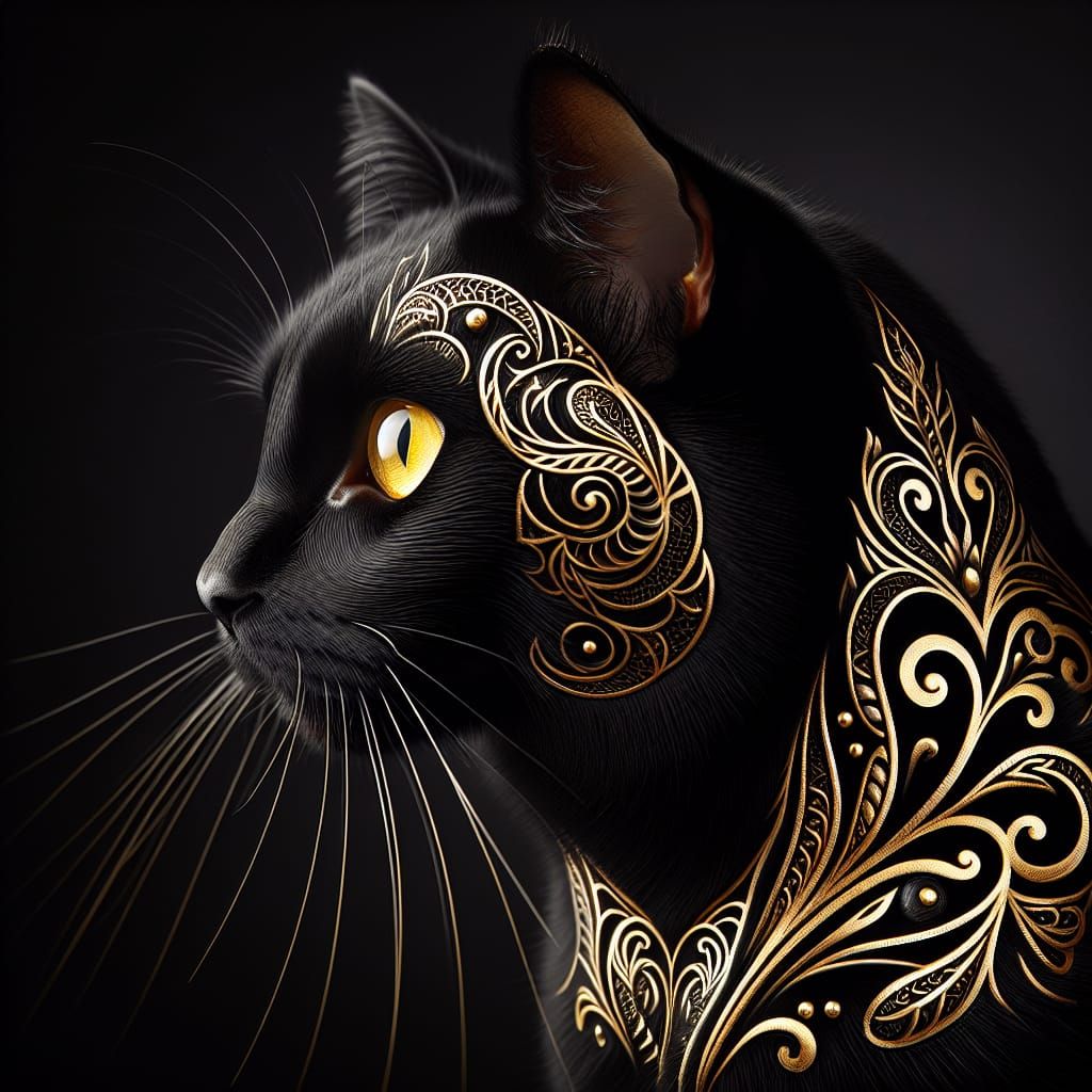 Black Cat with Gold Filigree and Yellow Eyes