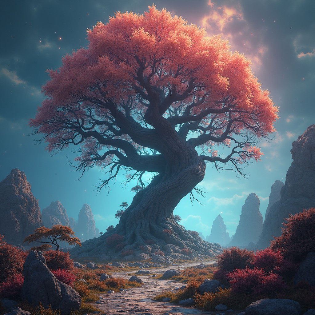 Mystical Landscape with Ancient Tree in Fantasy Style